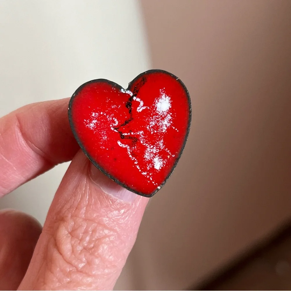 Vintage 1960 70 MCM modernist  Red Enamel Broken Heart copper Goth Brooch Pin